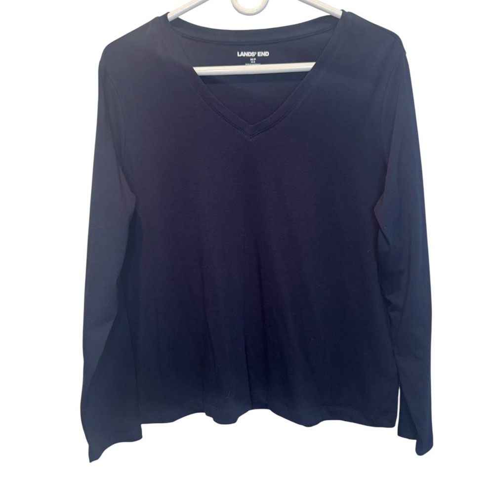 Lands End Womens Navy Blue V-Neck Long Sleeve Supima Cotton T-Shirt M 10-12 NEW
